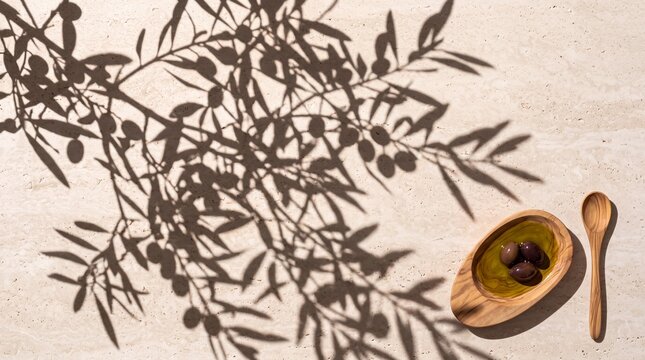 Shadow of an olive branch with olives and olive oil in a wooden bowl, Mediterranean healthy food concept