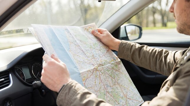Man studying a paper road map inside a car. Route planning for a road trip. Navigation and travel preparation. Finding directions and choosing a route on a journey.