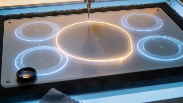 Tracing spindle clockwise on lit panel with blue guides after orange mark, forming orange ring