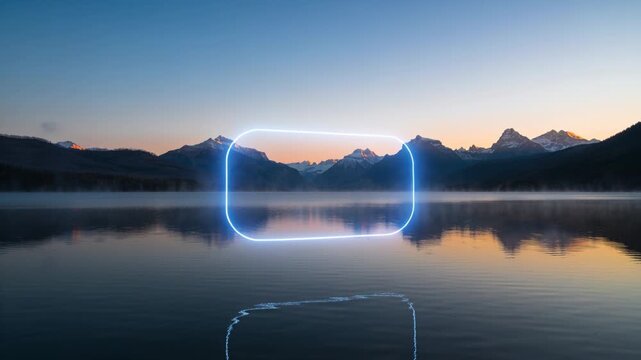 Appearing neon rounded light shape rotating and shifting over mountain lake at dawn, making ripples