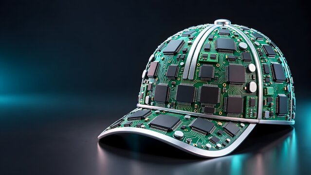 Smart Wearable Technology Baseball Cap Constructed from Green Motherboard and Microchips