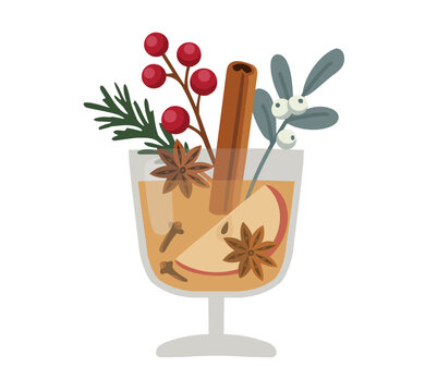 Christmas Cocktail mulled wine with Apple Slice, Cinnamon Stick, Star Anise, Cloves, Red Berries. Festive Spiced Holiday Drink Glass. Hot fruit winter tea. New Year party. Isolated Vector Illustration