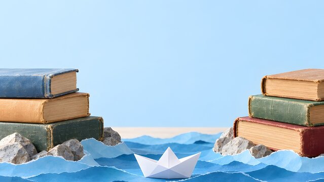 Paper Boat Sailing Between Two Stacks of Old Books on Blue Paper Waves, Education and Knowledge Transfer Concept