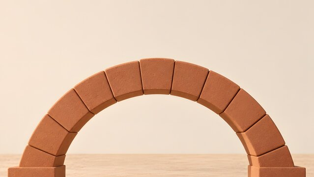 Terracotta Clay Blocks Forming Semicircular Arch Bridge, 3D Render of Structural Balance and Stability Concept with Copy Space