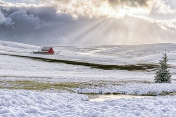 Naklejka premium Snowy mountain landscape with red cabin and sunbeams