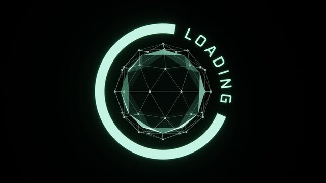 Animated futuristic loading screen with glowing teal neon sphere and circular progress ring on dark background.