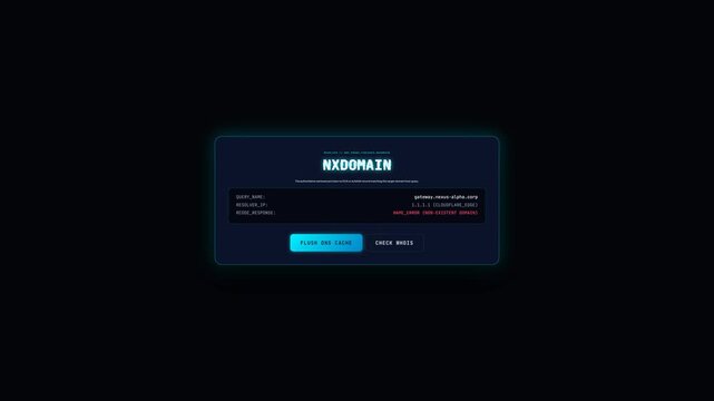 Futuristic DNS Probe Finished NXDOMAIN Resolver Error Card with Seamless Looping Animation, Domain Lookup UI.