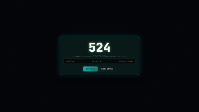 Cybernetic Cloud CDN 524 Edge Origin Timeout Freeze Card with Seamless Looping Animation, Hosting Status UI.