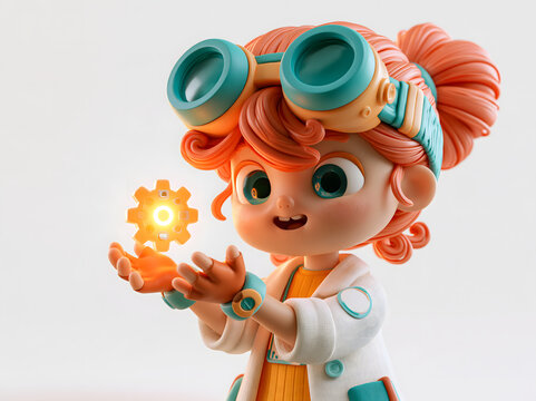 Cheerful 3D girl engineer with goggles holding glowing tech circuit component