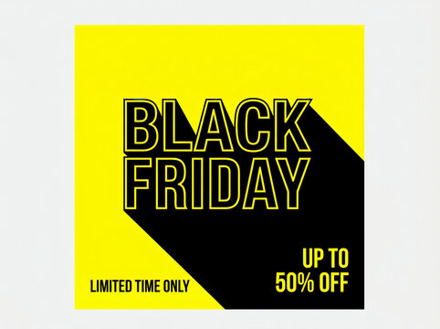 Black friday sale banner with bright yellow background, bold typography, and dramatic black long shadow effect limited time offer vector design