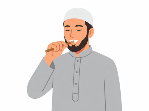 Muslim man brushing teeth with miswak stick