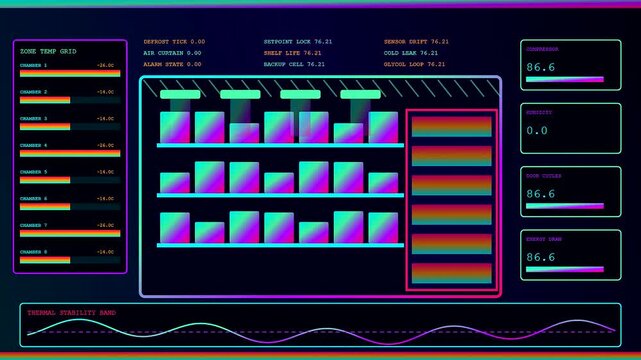 Glowing data metrics for warehouse optimization display a dynamic futuristic digital interface featuring neon colored bar charts moving grids and thermal stability wave monitors in real time
