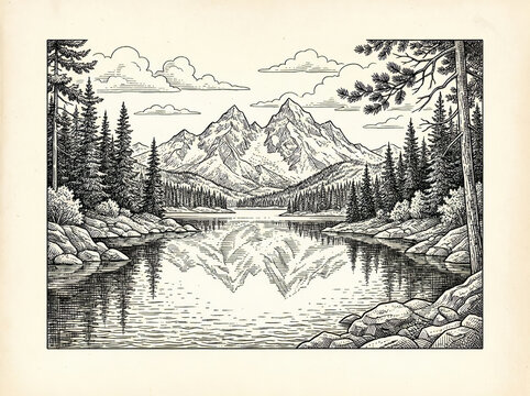 Engraving style illustration of a serene alpine landscape with majestic mountains, a calm lake reflecting the peaks, and dense pine forests