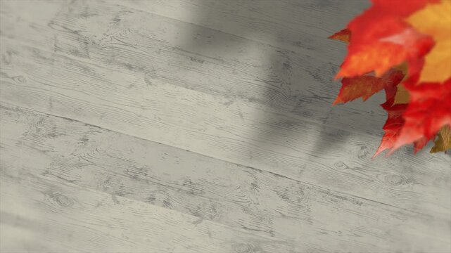 Autumn maple leaves falling over gray wooden background with magic lig