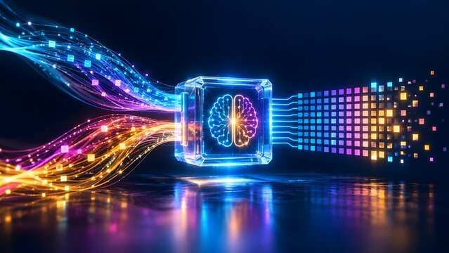 Artificial intelligence brain microchip in glowing glass cube processing colorful data streams into digital pixel network