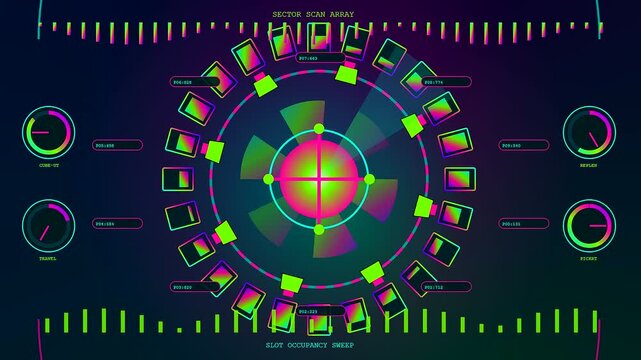 A digital warehouse optimization interface displaying circular scanning arrays with multiple circular readouts and shifting neon colored data icons that rotate across a dark purple virtual screen