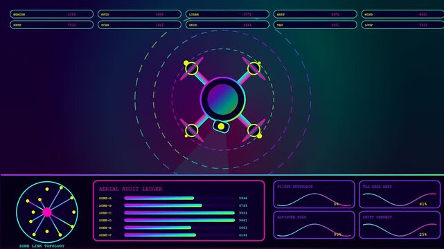 Warehouse optimization systems are displayed through these digital drone interface panels showing real time flight metrics and navigational data visualizations in a futuristic neon blue environment