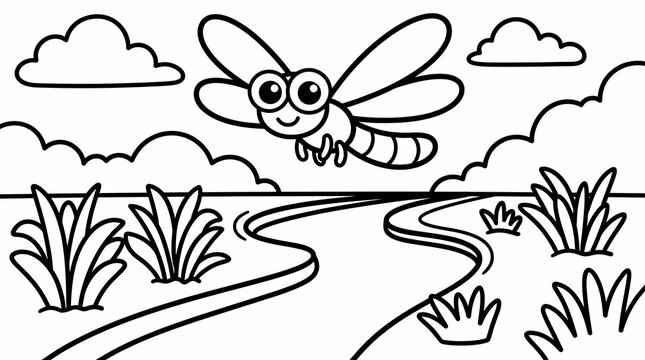 Cute cartoon dragonfly flying over a winding country path in a scenic landscape for kids coloring page activity book