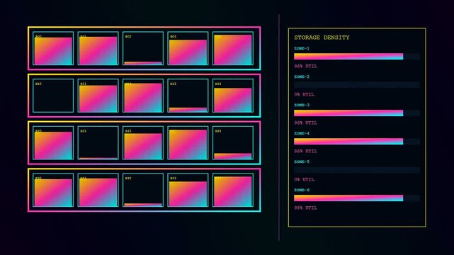 Data for warehouse optimization appears on a digital screen displaying grid blocks with gradient bar charts and status updates for inventory tracking in a virtual interface
