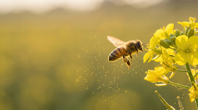 Bee on yellow flowers macro photography with soft spring bokeh background