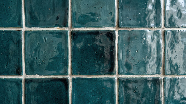 Blue ceramic tile wall texture photography with worn grout and square pattern