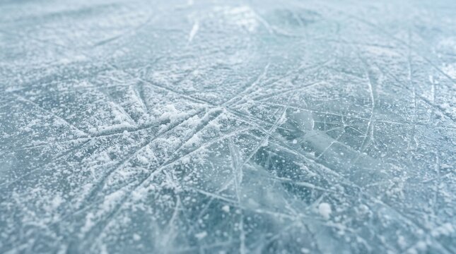 Close up view of a frozen ice rink surface featuring many skate scratches.