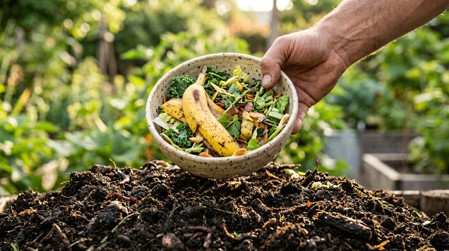 A hand holding a bowl of food scraps over a compost pile in a garden.