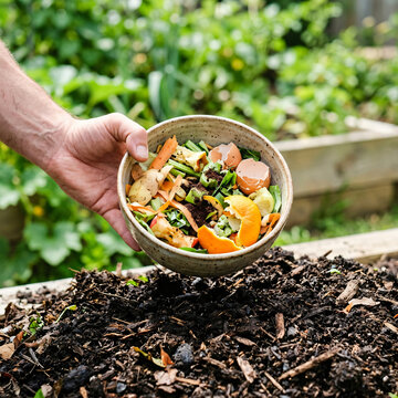 A hand holding a bowl of organic food waste ready for composting in a garden.