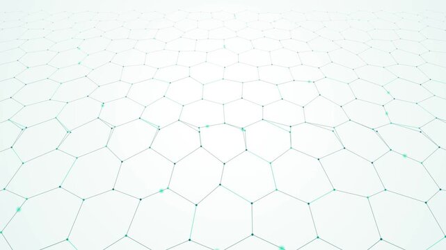 Abstract geometric network grid with hexagonal cells and nodes in a flowing wave pattern on a clean white background
