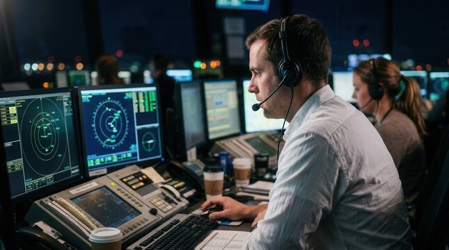Nighttime aviation management featuring air traffic controllers using digital radar monitors.