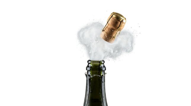 A champagne cork popping out of a green bottle with smoke coming out