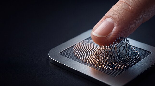 Finger touching biometric scanner creating fingerprint pattern, digital security and identification concept, futuristic technology interface