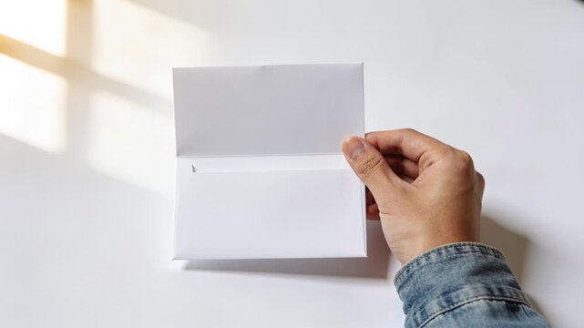 Entering hand wearing denim sleeve lifting flap centering inspecting white envelope on table