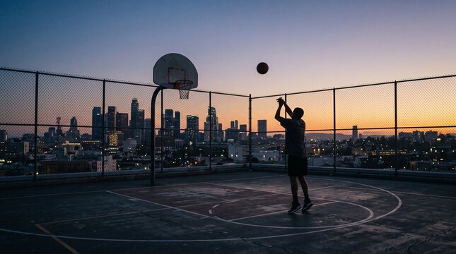 Man shooting basketball on rooftop court at sunset with city skyline