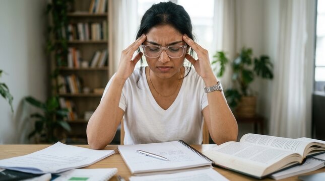 Young Indian woman student feeling headache and stress during study sessions.
