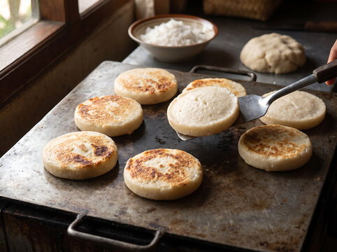 Grilling traditional Indonesian coconut pancakes or Wingko Babat on a hot iron griddle