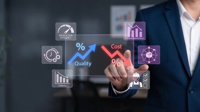 Businessman interacting with virtual dashboard interface optimizing product quality growth while reducing operational manufacturing costs and production defects