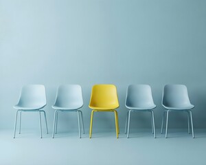 Obraz premium A row of five modern chairs against a light blue wall, with one bright yellow chair standing out among four identical light blue chairs, creating a striking visual contrast