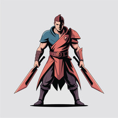 Fototapeta premium Agile warrior dual wielding swords in red and blue armor.