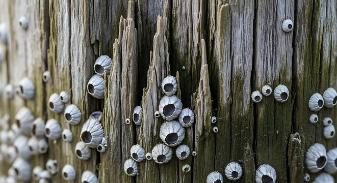 Small white barnacles attached to weathered wooden piling on a