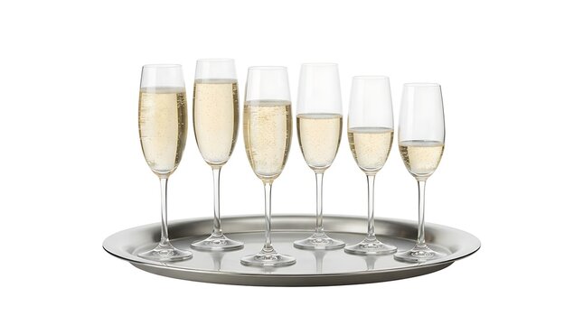 A silver tray holding seven elegant champagne flutes filled with bubbly champagne on a white background