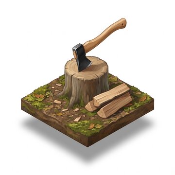 Isometric axe embedded in a log stump with split firewood