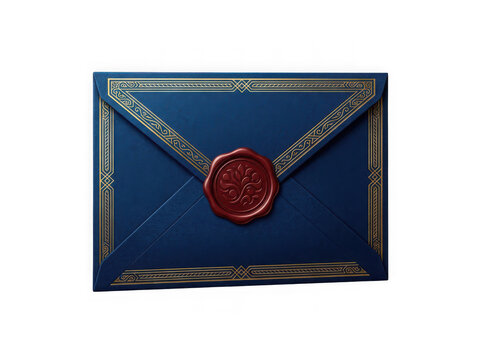 Elegant dark blue envelope with gold trim red wax seal transparent