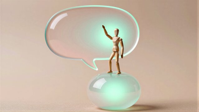 Wooden figure stands on glowing orb, gesturing inside a transparent speech bubble.