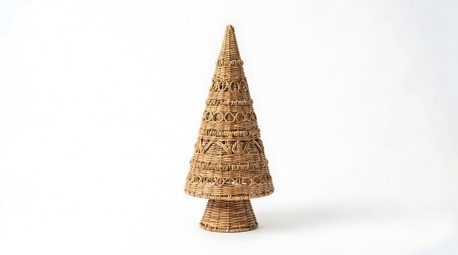 A woven Christmas tree decoration stands alone on a white background