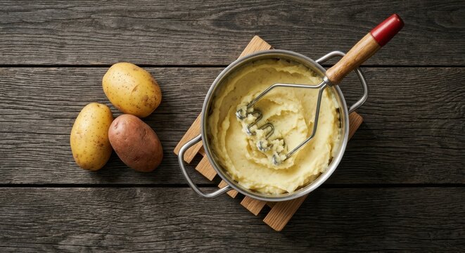 Top view of creamy mashed potatoes in a pot with a masher and raw potatoes on a rustic wooden table.