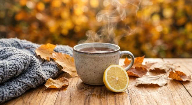 Steaming ceramic cup of hot tea with a fresh lemon slice on a wooden table, surrounded by dry autumn leaves and a cozy knitted blanket against a blurry golden fall foliage background.