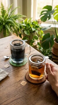 A peaceful morning tea session featuring two glass mugs with metal infusers on a rustic wooden table, surrounded by lush green houseplants like Monstera and Fern under soft natural window light.