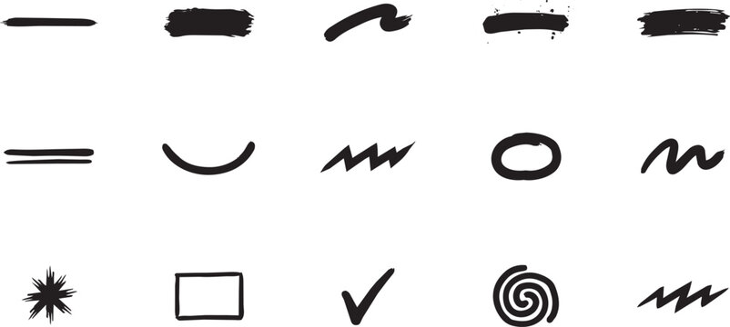 Assorted black ink brush strokes and hand drawn symbols including lines, check marks, squares, and spirals on a white background