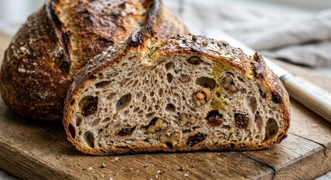 Artisanal Homemade Sourdough Bread with Walnuts and Raisins Sliced on a Rustic Wooden Board, Displaying an Open Crumb Texture and Golden Crispy Crust with a Hint of Olive Oil and Spices.